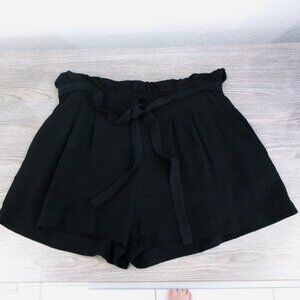 Jet Black Linen Blend Paperbag Shorts High Rise Pockets Tie at Waist L Large